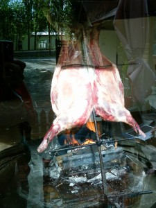 Mutton roasted over fire